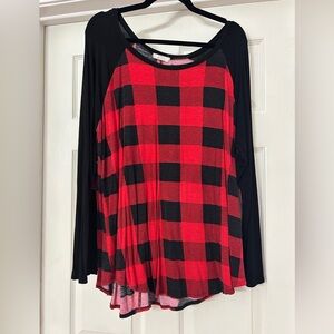 Women's Red & Black Buffalo Plaid Raglan Top with plaid Elbow patches